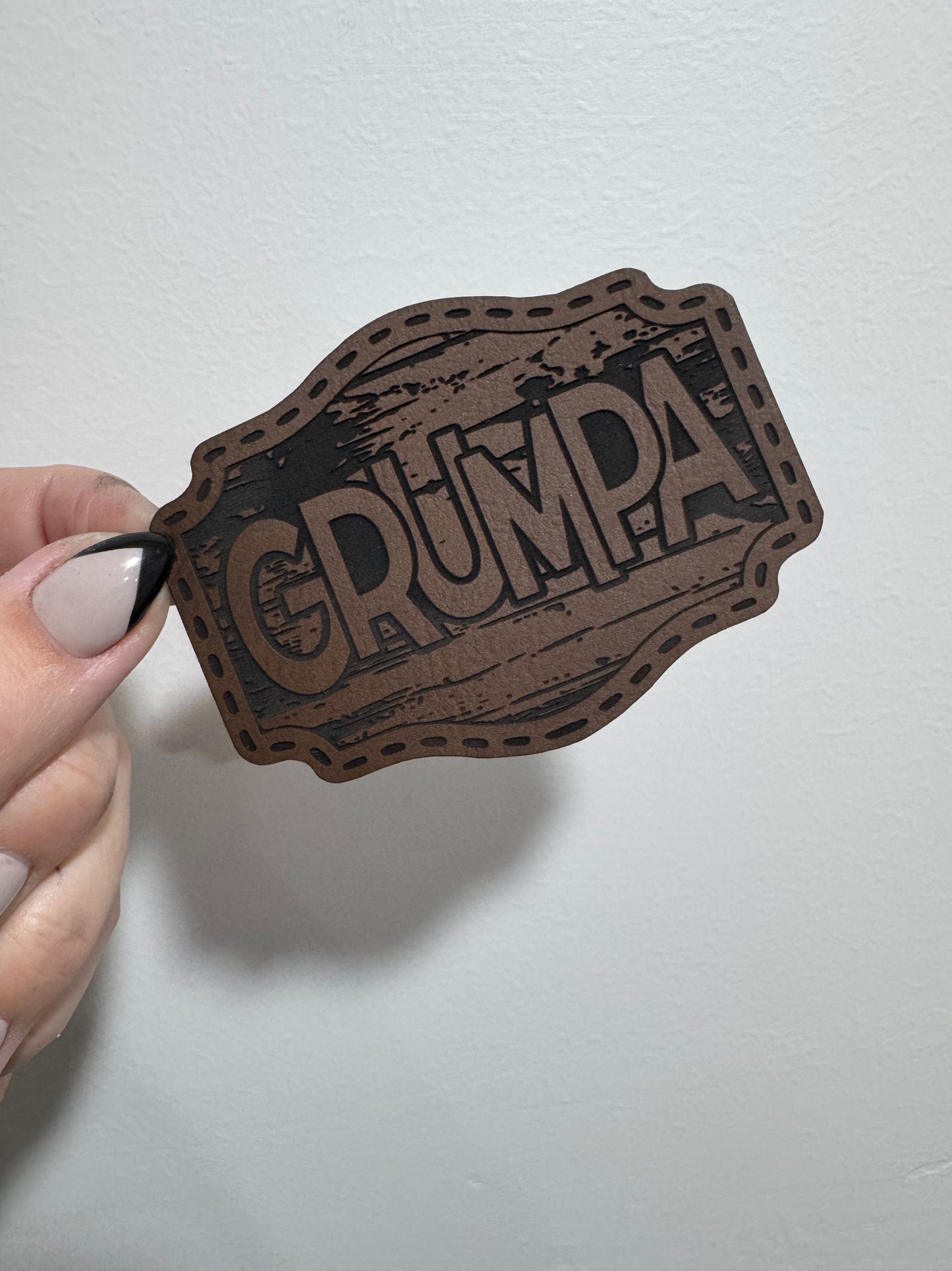Grumpa Wooden Background Leatherette Patch